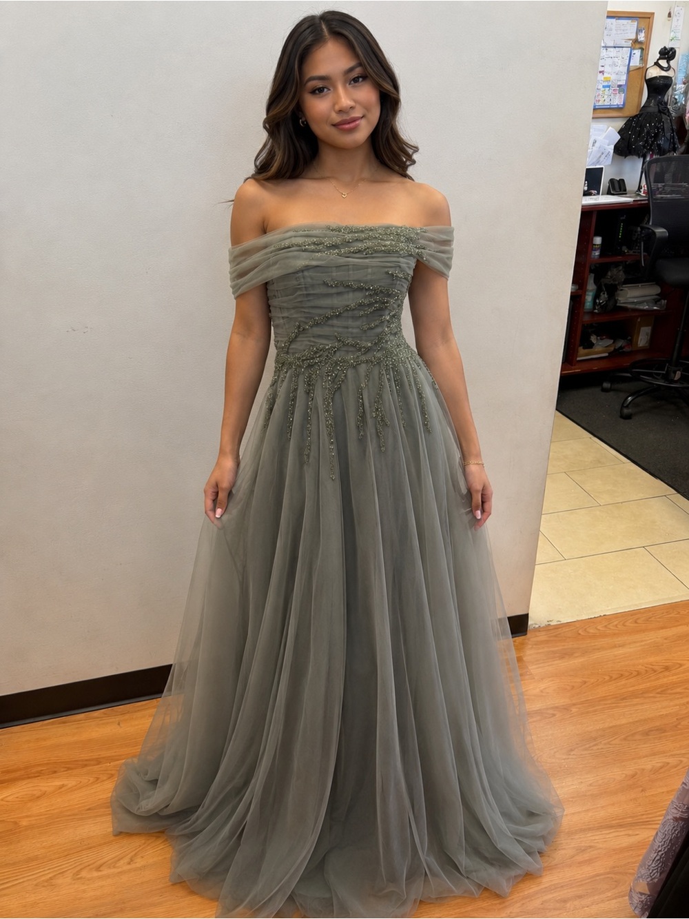 Off-Shoulder Dusty Sage Tulle Evening Gown Nicoletta size 2